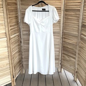 (12) Alexia Admor White midi to maxi dress with slit and puff sleeves